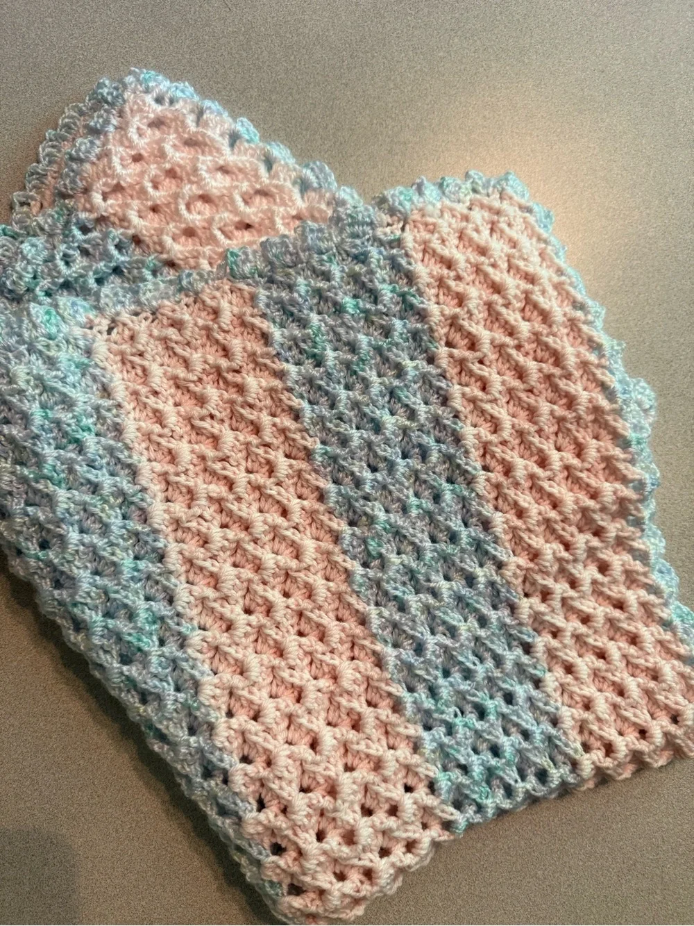 Crocheted Wave Newborn Blanket Pink snd Blue Stripe